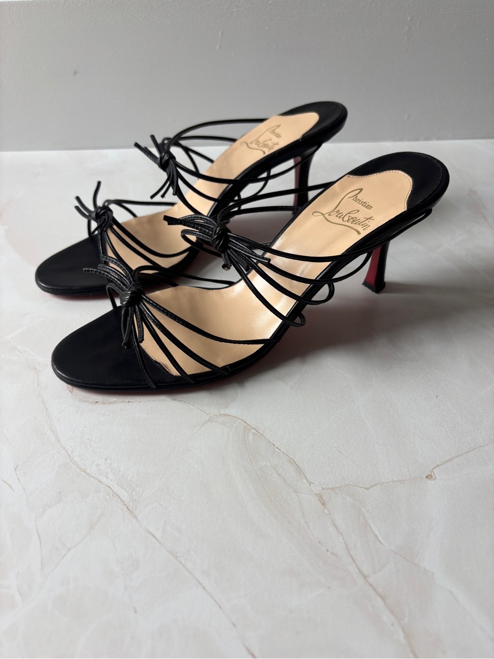 Christian Louboutin Black Strappy Open-Toe Heels with Signature Red Soles - Picture 10 of 10